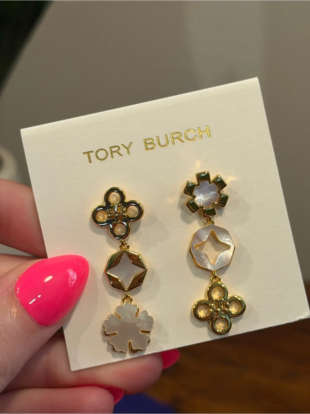 Tory Burch Kira Clover Gold Mother of Pearl Drop Earrings with Dust Bag NWT